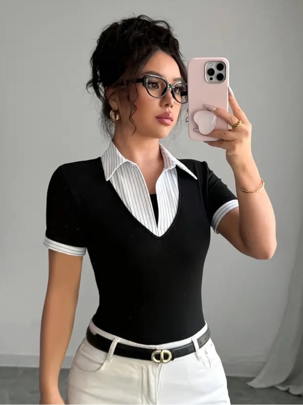 Chic Black V-Neck Polo Layered Top with White Trim